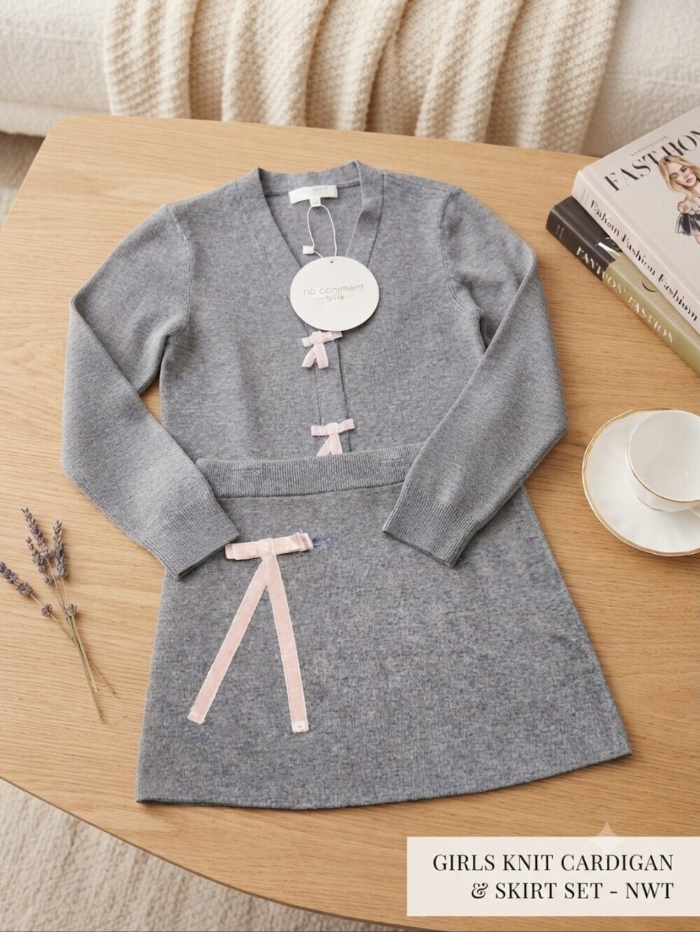 No Comment Girls Gray Skirt & Sweater Set w/Pink Bow Accents,S 7/8 NWT